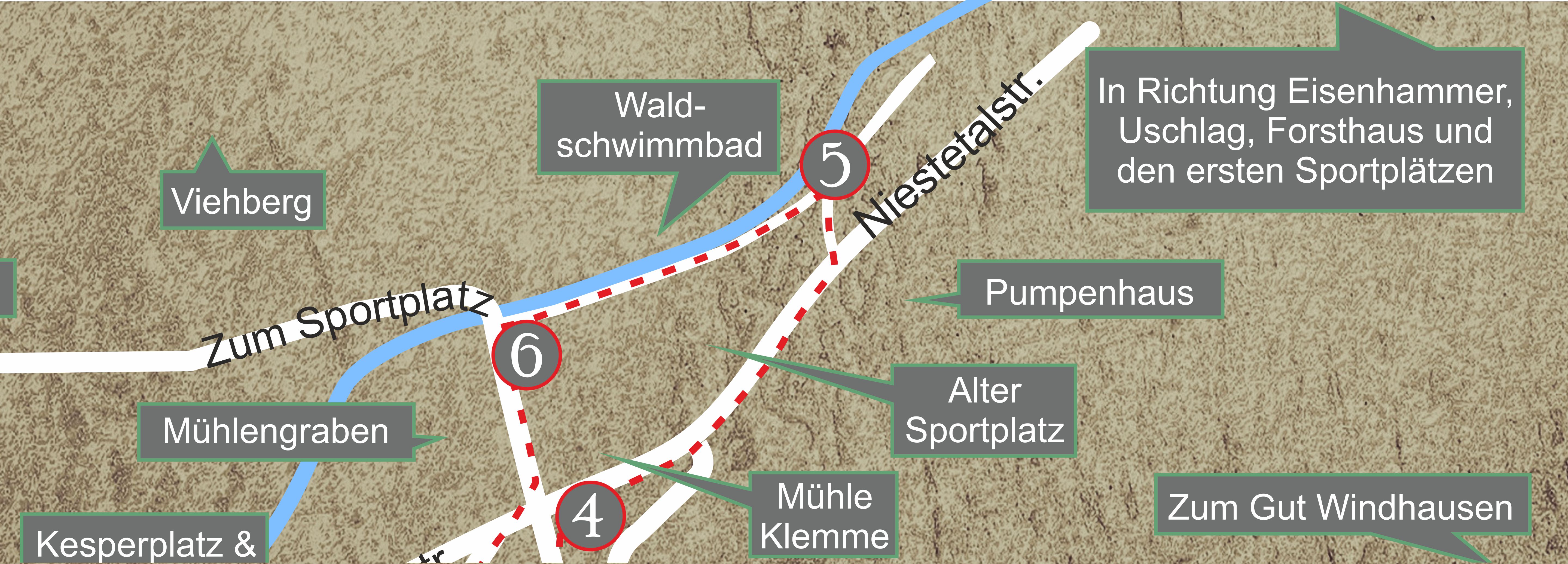 Karte mit der Tafel 5 und dem Weg über den Fuß- und Radweg an der Nieste bis zu Tafel 6 am Sportplatz.